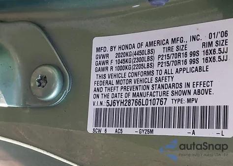 2006 Honda Element Ex-P z USA, uszkodzony, nr VIN 5J6YH28766L010767